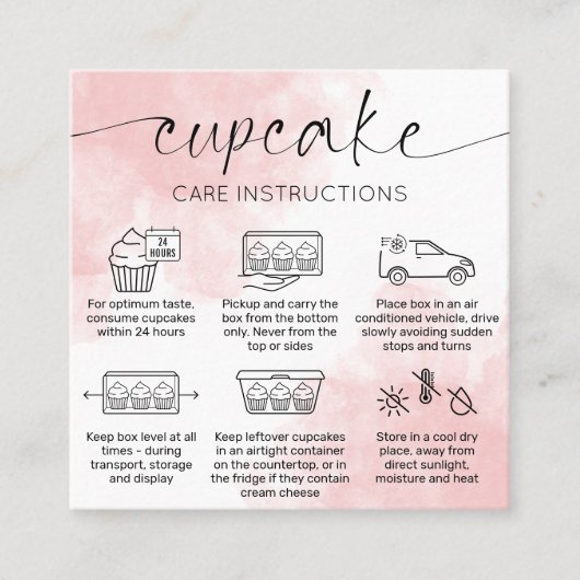 Carte De Visite Carré Cupcake Care Instructions Aquarelle rose pâle (Devant)