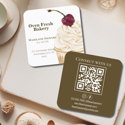 Carte De Visite Carré Cupcake QR Code Boulangerie verte d'olive