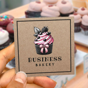 Carte De Visite Carré Cupcake sucré gâteau artisanal Rustique Kraft boul