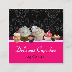Carte De Visite Carré CUPCAKES DÉLICIEUX, DÉSERTS, Damas noir rose chaud