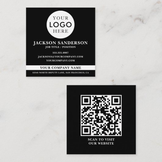 Carte De Visite Carré Customizable Logo Professional Black QR Code (Devant / Derrière)