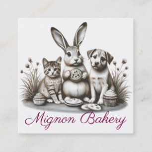 Carte De Visite Carré Cute animaux lapin chat manger biscuit boulangerie
