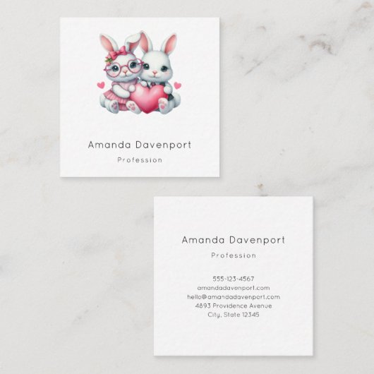 Carte De Visite Carré Cute Bunnies Sharing a Heart (Devant / Derrière)