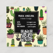 Carte De Visite Carré Cute Cactus Succulents Boho Doodle QR Code PERSONN (Dos)