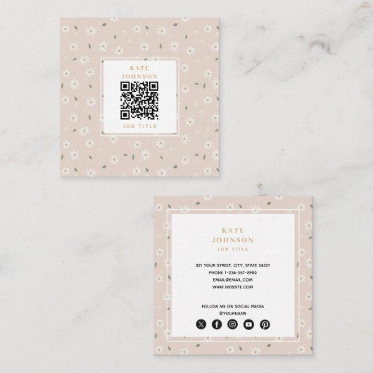 Carte De Visite Carré Cute Daisy Floral Blossoms & Greenery Florist (Devant / Derrière)