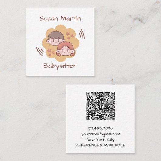 Carte De Visite Carré CUTE ENFANTS Babysitter QR Code bébé (Devant / Derrière)