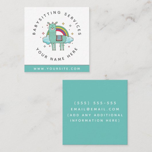 Carte De Visite Carré Cute Llama Rainbow Garderie Garde d'enfants Babysi (Devant / Derrière)