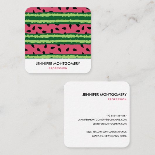 Carte De Visite Carré Cute pastèque Motif rose et vert (Devant / Derrière)
