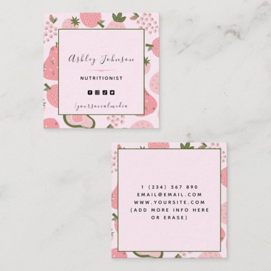 Carte De Visite Carré Cute rose Fruit Été Berry Motif Nutritionniste (Devant / Derrière)
