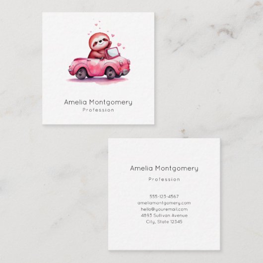 Carte De Visite Carré Cute Sloth Driving a Pink Convertible (Devant / Derrière)