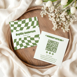 Carte De Visite Carré Damier ondulé vert rétro avec code QR