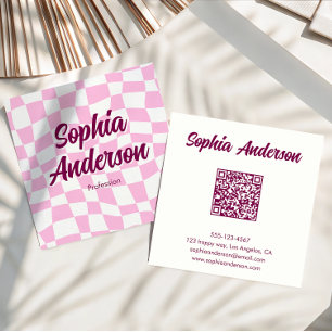 Carte De Visite Carré Damier Rose Tendance avec Code QR