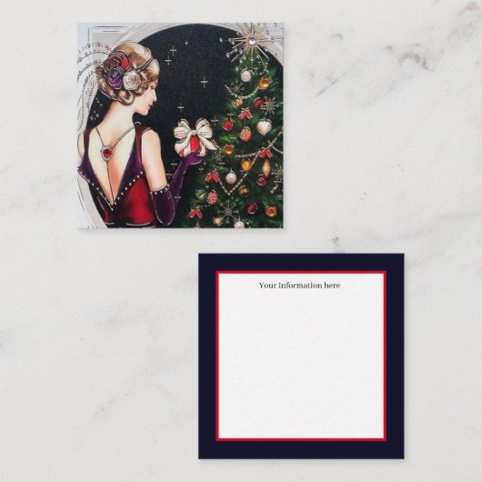 Carte De Visite Carré déco d'art demoiselle de Noël rétro (Devant / Derrière)