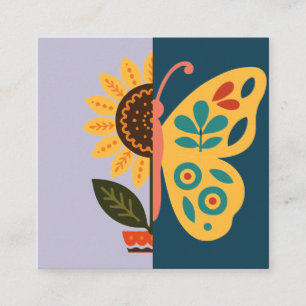Carte De Visite Carré Décoration papillon colorée avec des éléments flor