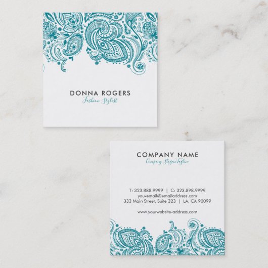 Carte De Visite Carré Dentelle florale bleu turquoise et blanc (Devant / Derrière)