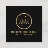 Carte De Visite Carré Dentiste moderne Dents Faux Logo Or sur Noir (Devant)