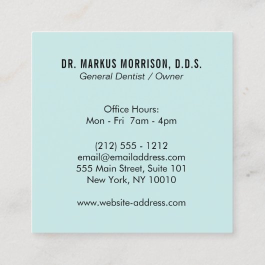 Carte De Visite Carré Dentiste moderne Dents Logo noir sur la menthe (Dos)
