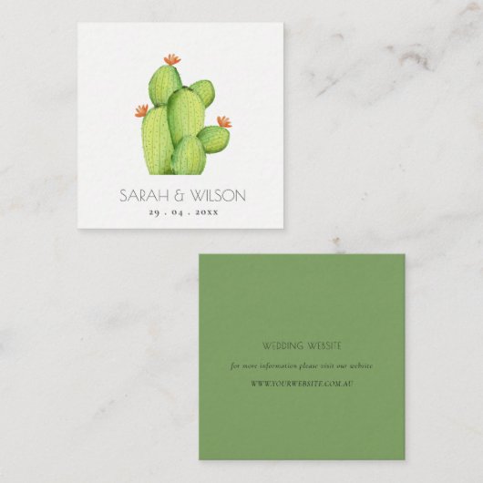 CARTE DE VISITE CARRÉ DÉSERT D'EAU VERTE MARIAGE DE FLEURS CACTUS (Devant / Derrière)