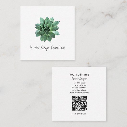 Carte De Visite Carré Desert Succulent QR code Interior Designer  (Devant / Derrière)