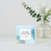 Carte De Visite Carré Design Carré Elégant bleu aquarelle avec code QR (Debout devant)