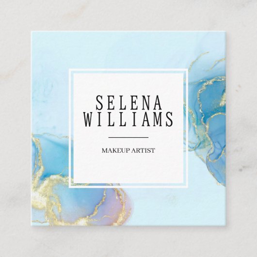 Carte De Visite Carré Design Carré Elégant bleu aquarelle avec code QR (Devant)