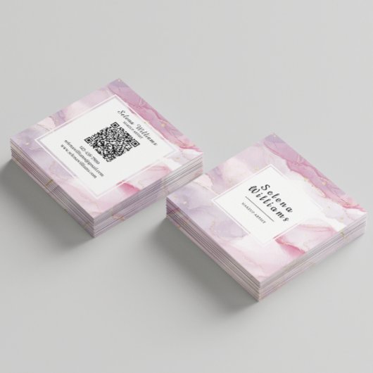 Carte De Visite Carré Design élégant Carré couleur rose avec code QR
