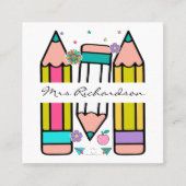 Carte De Visite Carré Dessin de dessin au crayon du nom de l'enseignant (Devant)