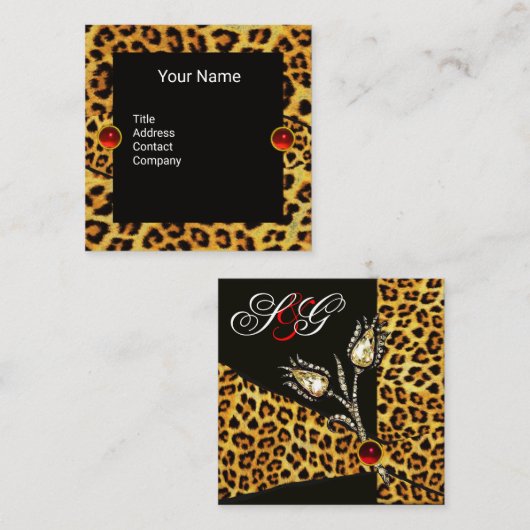 CARTE DE VISITE CARRÉ DIAMOND TULIPS LEOPARD FUR RIBBON, GEMMES RUBY (Devant / Derrière)