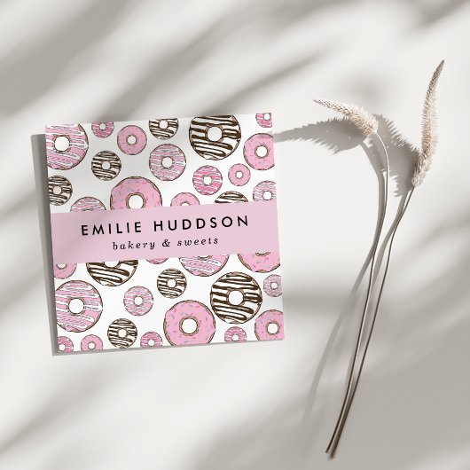 Carte De Visite Carré Donuts Roses, Donuts Blancs, Boutique De Gâteaux,