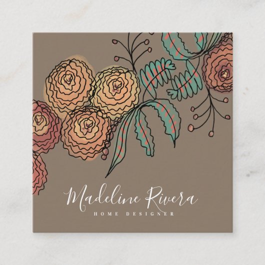 Carte De Visite Carré Doodle Florals Wreath Sprigs Design de verdure (Devant)