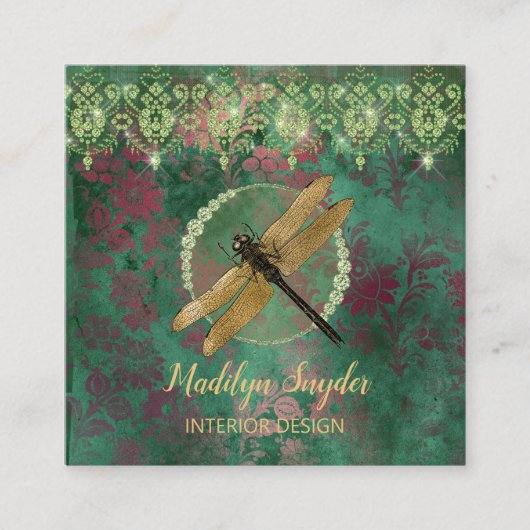 Carte De Visite Carré Dragonfly sur Green With Rhinestones (Devant)