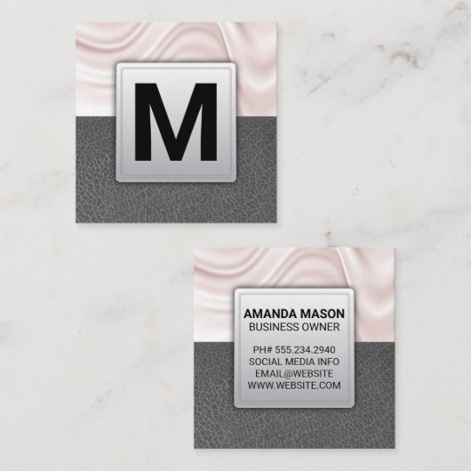 Carte De Visite Carré Draperie de soie | Cuir gris (Devant / Derrière)