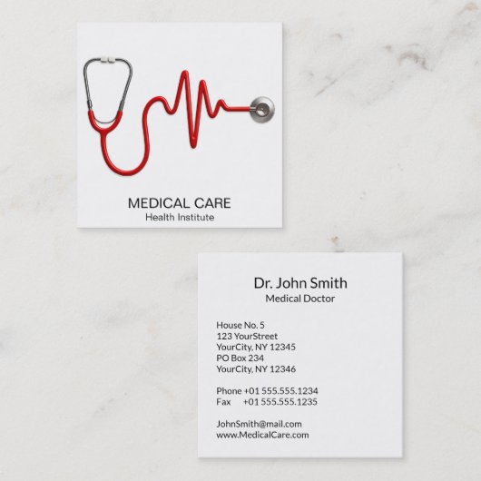 Carte De Visite Carré ECG Wave EKG Heartbeat Line Stethoscope Médicale (Devant / Derrière)
