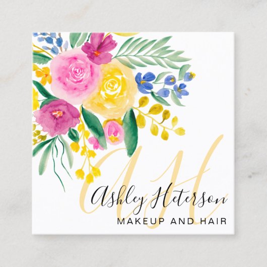 Carte De Visite Carré Écriture d'aquarelle florale rose maquillage (Devant)