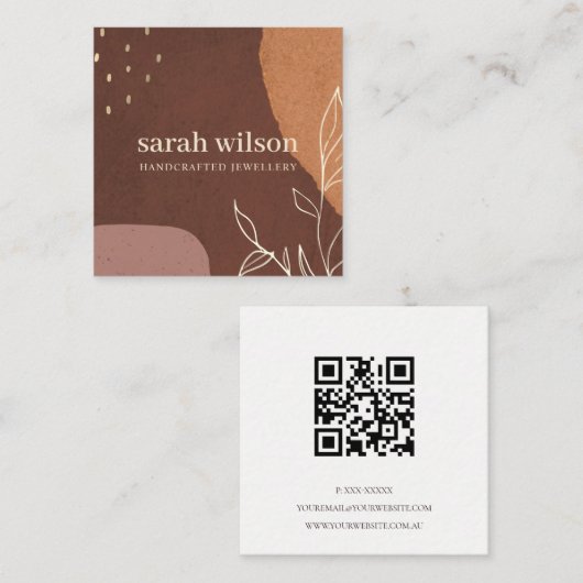 Carte De Visite Carré Elégant Abstrait rouille Orange Feuillage QR Code (Devant / Derrière)