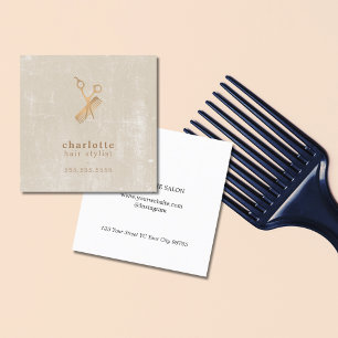 Carte De Visite Carré Élégant Beige Faux Gold Scissors Comb Hairstylis
