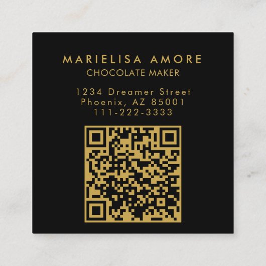 Carte De Visite Carré Elegant Black Gold Script Chocolate Qr Code (Dos)