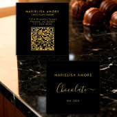 Carte De Visite Carré Elegant Black Gold Script Chocolate Qr Code