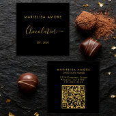 Carte De Visite Carré Elegant Black Gold Script Chocolatier Qr Code