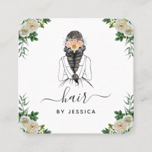 Carte De Visite Carré Élégant Blanc Floral Bride Hairstyle tresse QR Cod