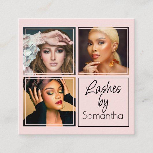 Carte De Visite Carré Elegant Blush Pink Black Script 3 Photo Lashes (Devant)