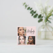 Carte De Visite Carré Elegant Blush Pink Black Script 3 Photo Makeup (Debout devant)