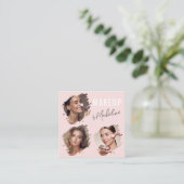 Carte De Visite Carré Elegant Blush Pink Black Script 3 Photo Makeup (Debout devant)