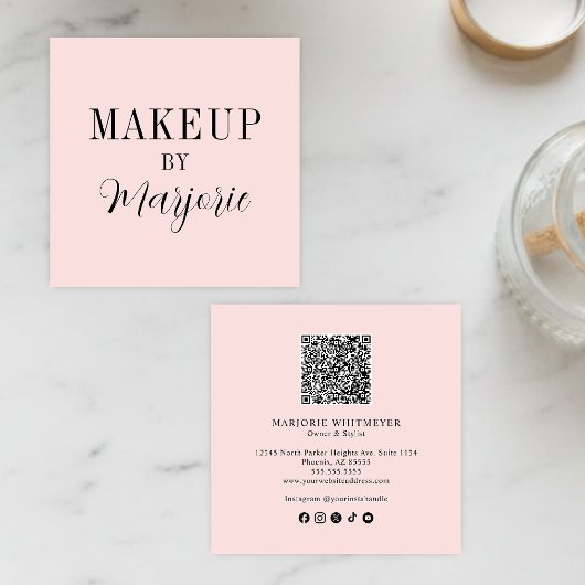 Carte De Visite Carré Elegant Blush Pink Black Script QR Code Makeup