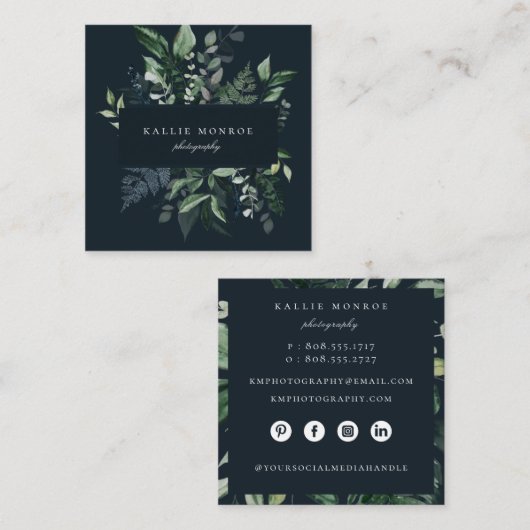 Carte De Visite Carré Élégant cadre de feuillage forestier bleu foncé (Devant / Derrière)
