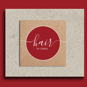 Carte De Visite Carré Élégant Cercle Imprimé Rouge Blanc Kraft Coiffeur