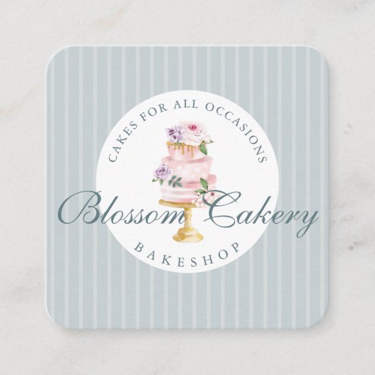 Carte De Visite Carré Elégant & Chic Blue Aquarelle Floral Cake Bakery (Devant)