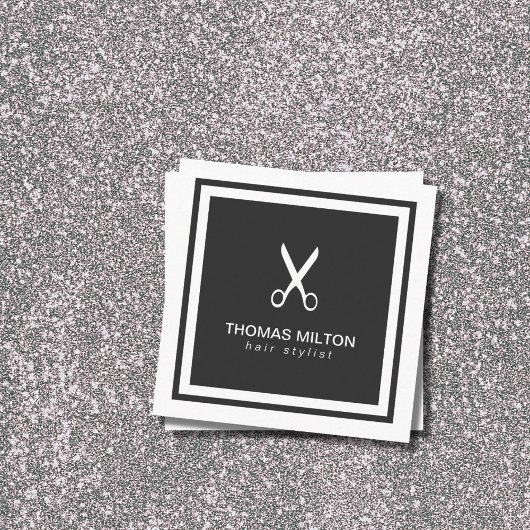 Carte De Visite Carré Elégant ciseau noir blanc moderne coiffeur