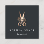 Carte De Visite Carré Élégant ciseaux floraux en cuivre Logo Coiffeuse (Devant)