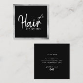 Carte De Visite Carré Elégant ciseaux noir et argent coiffeuse (Devant / Derrière)